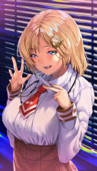 Rule 34 | 1girl, absurdres, blonde hair, blue eyes, breasts, collared shirt, commentary request, hair ornament, hands up, high-waist skirt, highres, holding, holding syringe, hololive, hololive english, koubou (cowbow kun), large breasts, long sleeves, looking at viewer, necktie, open mouth, plaid, plaid skirt, red necktie, shirt, short hair, skirt, smile, solo, syringe, upper body, virtual youtuber, watson amelia, watson amelia (1st costume), wet, white shirt