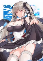 Rule 34 | 1girl, azur lane, bare shoulders, black choker, black dress, black nails, black ribbon, blue sky, blush, breasts, choker, cleavage, closed mouth, clothes lift, cloud, collarbone, day, dress, dress lift, earrings, flight deck, formidable (azur lane), garter straps, gem, hair ribbon, hands up, highres, jewelry, large breasts, lifted by self, light frown, long hair, looking at viewer, nail polish, outdoors, outside border, panties, qijiwan goldyu, red eyes, ribbon, skindentation, sky, solo, standing, sunlight, thighhighs, thighs, twintails, two-tone dress, two-tone ribbon, underwear, wading, water, white background, white choker, white dress, white panties, white ribbon, white thighhighs