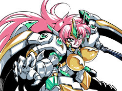 Rule 34 | 1girl, bodysuit, breasts, green eyes, long hair, looking at viewer, mecha, mecha musume, pink hair, robot, simple background, solo, super robot wars, super robot wars original generation, super robot wars the lord of elemental, sword, teeth, tukiwani, valsione, weapon, white background