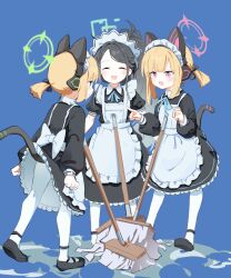 Rule 34 | 3girls, absurdres, apron, aris (blue archive), aris (maid) (blue archive), black hair, blonde hair, blue archive, closed eyes, game development department (blue archive), green eyes, halo, highres, looking at viewer, maid, maid apron, maid headdress, meng yin, midori (blue archive), midori (maid) (blue archive), momoi (blue archive), momoi (maid) (blue archive), multiple girls, official alternate costume, official alternate hairstyle, pantyhose, pink eyes, siblings, sisters, white pantyhose