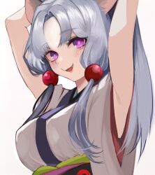 Rule 34 | 1girl, absurdres, animal ears, armpits, arms up, breasts, commentary request, fang, fox ears, fox girl, grey hair, hair bobbles, hair ornament, highres, large breasts, long hair, looking at viewer, medium bangs, naonaonina, open mouth, parted bangs, purple eyes, shirt, sidelocks, simple background, sleeveless, sleeveless shirt, smile, solo, touhoku itako, upper body, voiceroid, white background, white shirt