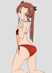 Rule 34 | 1girl, ass, back, bikini, black bow, bow, brown eyes, brown hair, commentary, female focus, from behind, girls und panzer, grey background, grin, hair bow, half-closed eyes, halterneck, kadotani anzu, kneeling, long hair, looking at viewer, looking back, ngc20701, parted bangs, red bikini, side-tie bikini bottom, simple background, smile, smirk, solo, swimsuit, twintails, v