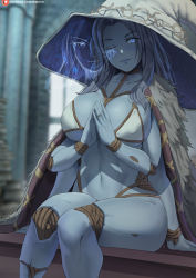 Rule 34 | 1girl, alternate breast size, bikini, blue eyes, blue skin, breasts, cloak, colored skin, covered erect nipples, crack, cracked skin, doll, doll joints, elden ring, extra arms, extra faces, fur cloak, glowing tattoo, grey hair, hat, highres, joints, large breasts, large hat, long hair, looking at viewer, navel, ranni the witch, shexyo, sitting, solo, swimsuit, thighs, white bikini, witch, witch hat