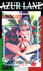 Rule 34 | 1934, 1girl, absurdres, azur lane, barcode, bikini, bow, breasts, camera, character name, clothing cutout, cover, english text, fake cover, fake magazine cover, flower, full body, grey eyes, hair bow, high ponytail, highres, holding, holding camera, italian flag, ito lab, large breasts, looking at viewer, magazine cover, navel cutout, official alternate costume, ponytail, purple bow, red flower, silver hair, solo, swimsuit, vittorio veneto (azur lane), vittorio veneto (the flower of la spezia) (azur lane)