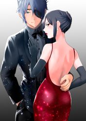 Rule 34 | 1boy, 1girl, ass, back, black hair, bow, bowtie, brown eyes, dress, earrings, elbow gloves, eyepatch, formal, gloves, green eyes, grey hair, hand in pocket, hand on another&#039;s chest, highres, jewelry, lipstick, looking at viewer, makeup, morag ladair (xenoblade), nayuta-kanata, nintendo, pants, red dress, red lips, suit, tuxedo, xenoblade chronicles (series), xenoblade chronicles 2, zeke von genbu (xenoblade)