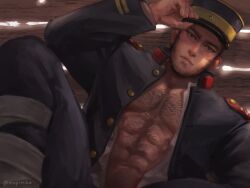 Rule 34 | 1boy, abs, bara, beard, black hair, buzz cut, chest hair, collared shirt, facial hair, feet out of frame, golden kamuy, hairy, hat, head tilt, jacket, kepi, large pectorals, light rays, looking at viewer, male focus, mature male, military, military hat, military uniform, muscular, muscular male, nipples, nopinzo, open clothes, open jacket, open shirt, pectoral cleavage, pectorals, shirt, short hair, sideburns, solo, stomach, tanigaki genjirou, thick eyebrows, uniform, very short hair