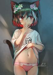 Rule 34 | 1girl, animal ear fluff, animal ears, bow, bow panties, cat ears, cat girl, cat tail, child, clothes lift, colored inner hair, cowboy shot, flat chest, flower, hair flower, hair ornament, highres, lifting own clothes, looking to the side, mitake eil, multicolored hair, original, panties, red eyes, shirt, shirt lift, tail, underwear