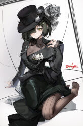 Rule 34 | 1girl, absurdres, arm support, black bow, black dress, black hair, black hat, black jacket, black nails, black pantyhose, black veil, bob cut, bow, breasts, character name, chrysanthemum, cleavage, closed mouth, dress, expressionless, flower, full body, hair over one eye, hand up, hat, hat bow, highres, jacket, long sleeves, looking at viewer, necrologist, no shoes, pantyhose, reverse:1999, see-through, see-through cleavage, short hair, sitting, sleeves past wrists, solo, striped clothes, striped pantyhose, tilted headwear, top hat, veil, vertical-striped clothes, vertical-striped pantyhose, wariza, white background, white flower, xun li eins, yellow eyes