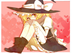 Rule 34 | 1girl, apron, black dress, black footwear, blonde hair, bloomers, blush, boots, bow, braid, covered mouth, dress, hands on own knees, hat, hat bow, heart, kikusui310, kirisame marisa, large bow, large hat, legs together, long hair, looking at viewer, pink background, puffy short sleeves, puffy sleeves, scarf, short sleeves, sitting, star (symbol), touhou, underwear, upskirt, white bow, yellow eyes