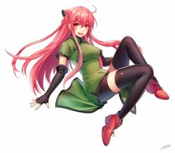 Rule 34 | 1girl, :d, bike shorts, black gloves, black thighhighs, china dress, chinese clothes, dress, elbow gloves, fingerless gloves, gloves, green dress, hair ornament, long hair, looking at viewer, milcho, open mouth, original, red eyes, red hair, smile, solo, thighhighs