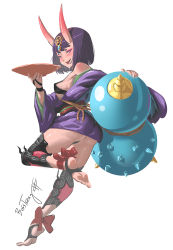 Rule 34 | 1girl, ass, barefoot sandals (jewelry), bob cut, bosstseng, breasts, cup, eyeliner, fate/grand order, fate (series), gourd, headpiece, holding, holding cup, horns, japanese clothes, kimono, makeup, medium breasts, oni, purple eyes, purple hair, purple kimono, revealing clothes, sakazuki, short eyebrows, short hair, short kimono, shuten douji (fate), skin-covered horns, solo, white background