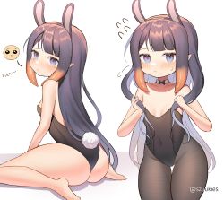 Rule 34 | 1girl, absurdres, animal ears, black leotard, black pantyhose, blush, breasts, cleavage, collar, commentary, covered navel, detached collar, english commentary, fake animal ears, fake tail, grey eyes, highres, hololive, hololive english, leotard, long hair, looking at viewer, looking back, navel, ninomae ina&#039;nis, pantyhose, playboy bunny, pointy ears, purple hair, rabbit ears, rabbit tail, small breasts, szuukie, tail, tentacle hair, virtual youtuber, white collar