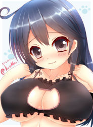 Rule 34 | 10s, 1girl, 2016, ahoge, alternate costume, artist name, black hair, breasts, cat cutout, cat lingerie, cleavage cutout, closed mouth, clothing cutout, collarbone, dated, eyebrows, frills, head tilt, kane-neko, kantai collection, large breasts, long hair, looking at viewer, meme attire, paw print, solo, underboob, underwear, underwear only, upper body, ushio (kancolle)