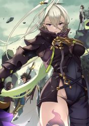 Rule 34 | 2boys, 2girls, absurdres, arm guards, armor, asymmetrical clothes, black armor, black coat, bodysuit, breastplate, bun cover, cape, chinese clothes, coat, covered navel, crossed belts, double bun, fate/grand order, fate (series), gauntlets, grey bodysuit, grey hair, grey leotard, hair bun, hair ornament, hairpin, high collar, highres, huang feihu (fate), huyan zhuo (fate), huyan zhuo (second ascension) (fate), leotard, looking at viewer, looking back, morita yuu, multiple boys, multiple girls, pauldrons, polearm, purple eyes, qin liangyu (fate), shoulder armor, single pantsleg, skin tight, spear, tai gong wang (fate), weapon, white bodysuit, white cape
