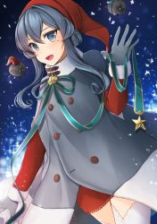 Rule 34 | 1girl, absurdres, alternate costume, blue eyes, blue hair, coat, commentary request, cowboy shot, dress, gloves, gotland (kancolle), green ribbon, grey coat, grey gloves, hair between eyes, hair bun, hat, highres, kantai collection, long hair, long sleeves, looking at viewer, mole, mole under eye, open mouth, red dress, ribbon, santa hat, sheep, single hair bun, snow, solo, thighhighs, waving, white thighhighs, yunamaro