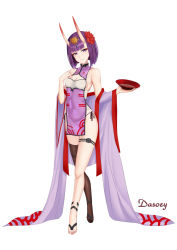 Rule 34 | 1girl, alcohol, alternate costume, bare shoulders, barefoot sandals (jewelry), bob cut, breasts, china dress, chinese clothes, cleavage cutout, closed mouth, clothing cutout, cup, dasoey, detached sleeves, dress, eyeliner, fate/grand order, fate (series), flower, full body, hair flower, hair ornament, headpiece, horns, japanese clothes, kimono, legs, long sleeves, looking at viewer, makeup, oni, pelvic curtain, purple dress, purple eyes, purple hair, purple kimono, sakazuki, sake, short eyebrows, short hair, shuten douji (fate), side slit, simple background, single thighhigh, skin-covered horns, small breasts, smile, solo, thighhighs, white background, wide sleeves