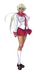 Rule 34 | 1girl, blue eyes, breasts, cara the blood lord, dark skin, highres, kagami hirotaka, large breasts, lilith-soft, long hair, looking at viewer, marika krishna, official art, ponytail, school uniform, simple background, skirt, solo, uniform, very long hair, white background