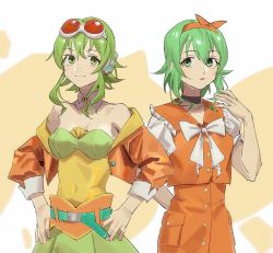 Rule 34 | 2girls, a.i. voice, arm behind back, bare shoulders, belt, bow, bow hairband, bra, commentary, covered navel, cowboy shot, detached collar, dual persona, goggles, goggles on head, green bra, green eyes, green hair, green skirt, gumi, gumi (a.i. voice), gumi (ai megpoid), hair bow, hairband, hand up, hands on own hips, headphones, jacket, layered skirt, looking at viewer, multiple girls, off shoulder, open clothes, open jacket, orange bow, orange jacket, orange shirt, orange skirt, parted lips, red goggles, shirt, skirt, smile, standing, underwear, vocaloid, wounds404, yellow shirt