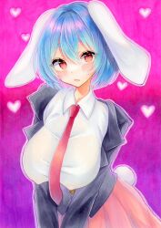 Rule 34 | 1girl, animal ears, black jacket, blue hair, breasts, covered erect nipples, fang, floppy ears, heart, highres, jacket, large breasts, long sleeves, looking at viewer, natsume nadeshiko, necktie, open clothes, open jacket, open mouth, pink background, pink skirt, rabbit ears, rabbit girl, rabbit tail, red eyes, red necktie, reisen (touhou bougetsushou), short hair, skin fang, skirt, solo, tail, touhou, traditional media, upper body, v arms