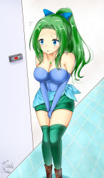 Rule 34 | 1girl, artist name, artist request, bare shoulders, between legs, blue bow, blue eyes, blue gloves, blue shirt, blush, bow, breasts, brown footwear, cleavage, collarbone, dated, door, elbow gloves, female focus, flying sweatdrops, gloves, green hair, green skirt, green thighhighs, hair bow, hair ornament, hand between legs, highres, indoors, jewelry, knees together feet apart, large breasts, looking to the side, necklace, open mouth, original, own hands together, ponytail, shirt, signature, skirt, solo, standing, strapless, strapless shirt, sweat, text focus, thighhighs, v arms, zettai ryouiki