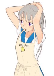 Rule 34 | 1girl, apron, blue sailor collar, blue skirt, blush, commentary request, grey hair, grey neckerchief, hair tie, hair tie in mouth, hands up, hi iro, mouth hold, neckerchief, purple eyes, sailor collar, school uniform, serafuku, shirt, short sleeves, simple background, skirt, smile, solo, standing, tying hair, white background, white shirt