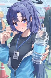 Rule 34 | 3girls, absurdres, black hair, black shirt, blue archive, blue jacket, blush, bottle, breasts, closed mouth, facial mark, halo, hasumi (blue archive), hasumi (track) (blue archive), highres, holding, holding bottle, id card, jacket, lanyard, large breasts, long hair, looking at viewer, mari (blue archive), mari (track) (blue archive), multiple girls, official alternate costume, orange hair, partially unzipped, ponytail, purple eyes, purple hair, red halo, shirt, simoumi 217, star (symbol), track jacket, water bottle, yellow halo, yuuka (blue archive), yuuka (track) (blue archive)