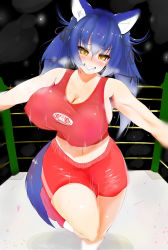 Rule 34 | 1girl, abs, absurdres, animal ears, armpit hair, bare arms, bare legs, bare shoulders, blue hair, blush, bouncing breasts, breasts, cleavage, collarbone, colored armpit hair, covered erect nipples, dire wolf (kemono friends), empty eyes, fangs, fisheye, furrowed brow, grin, hair between eyes, hair ribbon, highres, huge breasts, kemono friends, lipstick, long hair, makeup, motion lines, navel, nose blush, orange eyes, outstretched arms, purple lips, ribbon, saitobaburu, shorts, smile, solo, sportswear, spread arms, stomach, sweat, tail, tank top, toned, twintails, unaligned breasts, wolf ears, wolf tail