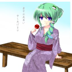 Rule 34 | 1girl, bad anatomy, bad id, bad pixiv id, bench, breasts, candy apple, cleavage, female focus, food, frog, gradient background, green hair, hair ornament, hairclip, highres, japanese clothes, juurokuichi, kimono, kochiya sanae, large breasts, purple eyes, sitting, smile, snake, solo, touhou