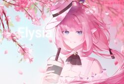 Rule 34 | 1girl, absurdres, artist name, bare shoulders, blue eyes, blue sky, blurry, blurry background, branch, breasts, character name, cleavage, commentary request, cup, depth of field, disposable cup, drinking straw, elysia (honkai impact), floating hair, flower, hat, highres, holding, holding cup, honkai (series), honkai impact 3rd, long hair, looking at viewer, off-shoulder shirt, off shoulder, petals, pink flower, pink hair, pointy ears, seele (ffva7257), shirt, sky, smile, solo, tilted headwear, upper body, white hat, white shirt