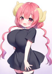 Rule 34 | 1girl, :d, black shirt, black thighhighs, blush, breasts, commentary request, curled horns, dress, fang, gradient background, hair between eyes, highres, horns, huge breasts, ilulu (maidragon), kobayashi-san chi no maidragon, long hair, looking at viewer, low twintails, open mouth, pleated dress, purple background, red eyes, red hair, shirt, short sleeves, smile, solo, thighhighs, twintails, usashiro mani, very long hair, white background