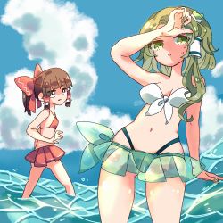 Rule 34 | 2girls, arm up, bare shoulders, bikini, blue sky, bow, breasts, brown eyes, brown hair, cloud, cloudy sky, day, feet out of frame, frilled hair tubes, frills, frog hair ornament, green eyes, green hair, green nails, hair bow, hair ornament, hair tubes, hakurei reimu, highres, kochiya sanae, looking at another, medium hair, multiple girls, nail polish, nako7575ko, outdoors, partially submerged, ponytail, red bikini, red bow, sky, small breasts, sweatdrop, swimsuit, touhou, water