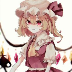Rule 34 | 1girl, ascot, blonde hair, crystal wings, embodiment of scarlet devil, flandre scarlet, frills, from side, hat, hat ribbon, highres, laevatein (touhou), looking at viewer, mob cap, puffy short sleeves, puffy sleeves, red eyes, red ribbon, ribbon, shirasu bo, short sleeves, simple background, smile, solo, touhou, upper body, white background, yellow ascot