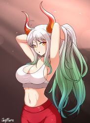 Rule 34 | 1girl, :o, absurdres, adjusting hair, arms up, breasts, cleavage, gradient hair, green hair, highres, horns, jay flare, large breasts, leggings, long hair, midriff, multicolored eyes, multicolored hair, multicolored horns, navel, one piece, orange horns, ponytail, red eyes, red horns, sideboob, sidelocks, solo, tank top, two-tone hair, white hair, white tank top, yamato (one piece), yellow eyes