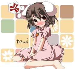 Rule 34 | 1girl, angry, animal ears, bad id, bad pixiv id, barefoot, blush, brown eyes, brown hair, rabbit ears, carrot, carrot necklace, character name, dress, fang, female focus, hikobae, inaba tewi, jewelry, necklace, short hair, solo, tears, touhou