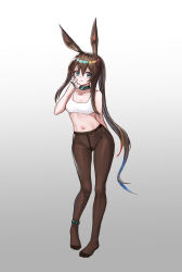 Rule 34 | 1girl, absurdres, amiya (arknights), animal ears, anklet, aqua choker, aqua eyes, arknights, arm behind back, bare shoulders, breasts, brown hair, brown pantyhose, cleavage, closed mouth, collarbone, full body, gluteal fold, gradient background, grey background, highres, jewelry, long hair, looking at viewer, medium breasts, multiple rings, navel, ningmengxiajiao, no shoes, pantyhose, ponytail, rabbit ears, ring, sidelocks, smile, solo, sports bra, standing, stomach, very long hair, white background