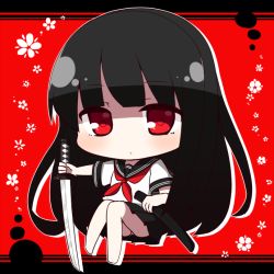 Rule 34 | 1girl, barefoot, black hair, black sailor collar, black skirt, chibi, closed mouth, commentary request, floral background, full body, holding, holding sheath, holding sword, holding weapon, katana, kureha (sound voltex), long hair, looking at viewer, neckerchief, panties, pleated skirt, red background, red eyes, red neckerchief, rensei, sailor collar, sheath, shirt, short sleeves, sitting, skirt, solo, sound voltex, sword, underwear, very long hair, weapon, white panties, white shirt