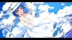 Rule 34 | 1girl, :d, bare shoulders, blue bow, blue eyes, blue hair, blue sky, blush, bow, cloud, cloudy sky, commentary request, day, dress, dutch angle, flower, hair down, hat, hat bow, hat flower, highres, holding, holding flower, hololive, hoshimachi suisei, letterboxed, long hair, open mouth, outdoors, round teeth, sky, sleeveless, sleeveless dress, smile, solo, sun hat, teeth, upper teeth only, virtual youtuber, water drop, white dress, white flower, white hat, yellow flower, ymd (holudoun)