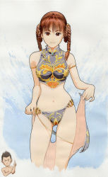 Rule 34 | 1boy, 1girl, armlet, barefoot, bikini, braid, braided hair rings, brown eyes, brown hair, chibi, chibi inset, concept art, crop top, dead or alive, dead or alive xtreme, hair rings, halterneck, jann lee, lei fang, official art, sarong, smile, swimsuit, tecmo, traditional media, twin braids, undressing, unworn sarong