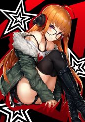 Rule 34 | 10s, 1girl, belt, boots, cross-laced footwear, glasses, grin, headphones, inayama, jacket, lace-up boots, long hair, orange hair, persona, persona 5, purple eyes, sakura futaba, shorts, smile, solo, thighhighs, thighhighs under boots
