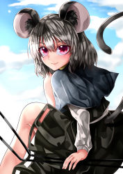 Rule 34 | 1girl, absurdres, animal ear fluff, animal ears, blouse, blue sky, capelet, cloud, cloudy sky, commentary request, dowsing rod, feet out of frame, from side, grey capelet, grey hair, grey skirt, grey tail, grey vest, hair between eyes, highres, layered clothes, long sleeves, looking at viewer, looking to the side, mahoro (minase mahoro), mouse ears, mouse girl, mouse tail, nazrin, outdoors, red eyes, shirt, short hair, skirt, skirt set, sky, solo, tail, touhou, vest, white shirt