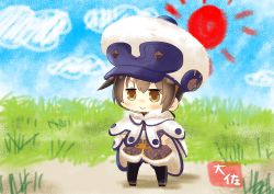 Rule 34 | 1girl, :&gt;, alternate costume, artist name, black thighhighs, blush, brown eyes, brown hair, cape, commentary request, doyagao, full body, hair between eyes, kaga (kancolle), kantai collection, monster hunter, monster hunter: world, monster hunter (series), short hair, smile, smug, solo, standing, taisa (kari), thighhighs, v-shaped eyebrows