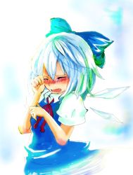 Rule 34 | 1girl, aqua hair, blush, bow, cirno, crying, closed eyes, female focus, hair bow, ice, negiko, open mouth, solo, tears, embodiment of scarlet devil, touhou