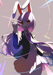 Rule 34 | 1girl, 38 (sanjuuhachi), animal ears, black jacket, brown background, collared shirt, commentary, cowboy shot, hand up, highres, jacket, long hair, long sleeves, looking at viewer, necktie, open mouth, pink skirt, pleated skirt, pointing, pointing up, purple hair, purple necktie, rabbit ears, red eyes, reisen udongein inaba, school uniform, shirt, simple background, skirt, smile, solo, teeth, touhou, upper teeth only, white shirt