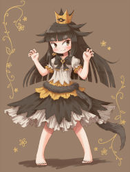 Rule 34 | 1girl, arinu, barefoot, black hair, black nails, black neckwear, black skirt, blunt bangs, blush, bow, brown background, claw pose, commentary request, crown, earrings, fang, fang out, flower, full body, hands up, highres, jewelry, liar princess, long hair, nail polish, shirt, short sleeves, skirt, smile, solo, tail, toenail polish, toenails, usotsuki hime to moumoku ouji, white shirt, wolf tail
