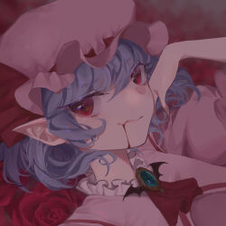 Rule 34 | 1girl, ascot, blood, blood from mouth, blue hair, brooch, fang, fang out, hand on own cheek, hand on own face, hat, highres, jewelry, looking at viewer, maccha (udva5383), mob cap, pointy ears, red eyes, remilia scarlet, short hair, smile, solo, touhou