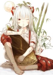 Rule 34 | 1girl, bamboo, bamboo shoot, barefoot, bow, dirty, dirty clothes, dirty face, dirty feet, feet, female focus, finger to mouth, fujiwara no mokou, hair bow, highres, long hair, one eye closed, pants, red eyes, shirt, silver hair, sitting, sleeves rolled up, smile, solo, suspenders, touhou, very long hair, wink, yukima (yushika)
