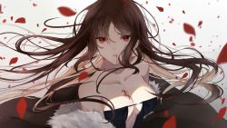 Rule 34 | 1girl, bad id, bad pixiv id, bare shoulders, blood, blood on face, blood stain, breasts, brown hair, center opening, fate/grand order, fate (series), fur collar, gradient background, hair between eyes, highres, hirakana, long hair, looking at viewer, off shoulder, parted lips, petals, red eyes, simple background, solo, upper body, wind, wind lift, yu mei-ren (fate)