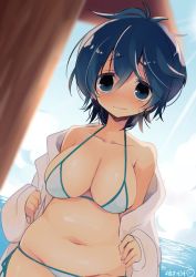 Rule 34 | 1girl, 3:, artist name, bikini, blue eyes, blue hair, blush, breasts, character request, cleavage, collarbone, curvy, female focus, gradient background, large breasts, looking at viewer, matching hair/eyes, navel, plump, sagging breasts, short hair, solo, swimsuit, water, yuzuki gao