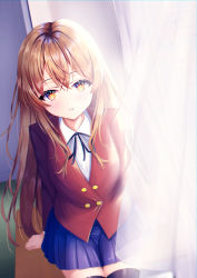 Rule 34 | 1girl, absurdres, aisaka taiga, black thighhighs, blazer, blue skirt, brown eyes, brown hair, commentary request, cowboy shot, curtains, highres, indoors, jacket, long hair, looking at viewer, mao sirahama, oohashi high school uniform, parted lips, red jacket, school uniform, skirt, solo, thighhighs, toradora!, window