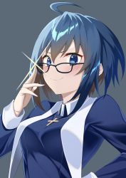 Rule 34 | 1girl, absurdres, adjusting eyewear, ahoge, blue-framed eyewear, blue dress, blue eyes, blue hair, blush, breasts, ciel (tsukihime), closed mouth, commentary request, cross, cross necklace, dress, glasses, grey background, habit, hair between eyes, hand on own hip, highres, jewelry, latin cross, long sleeves, looking at viewer, medium breasts, melty blood, melty blood: type lumina, mizumok1, necklace, nun, short hair, sidelocks, simple background, smile, solo, traditional nun, tsukihime, tsukihime (remake), upper body